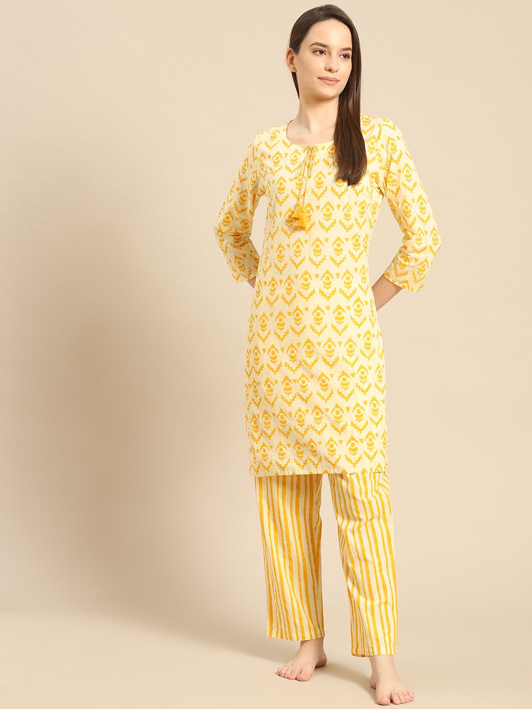 Prakrti Women Yellow Geometric Printed Pure Cotton Night suit Price in India