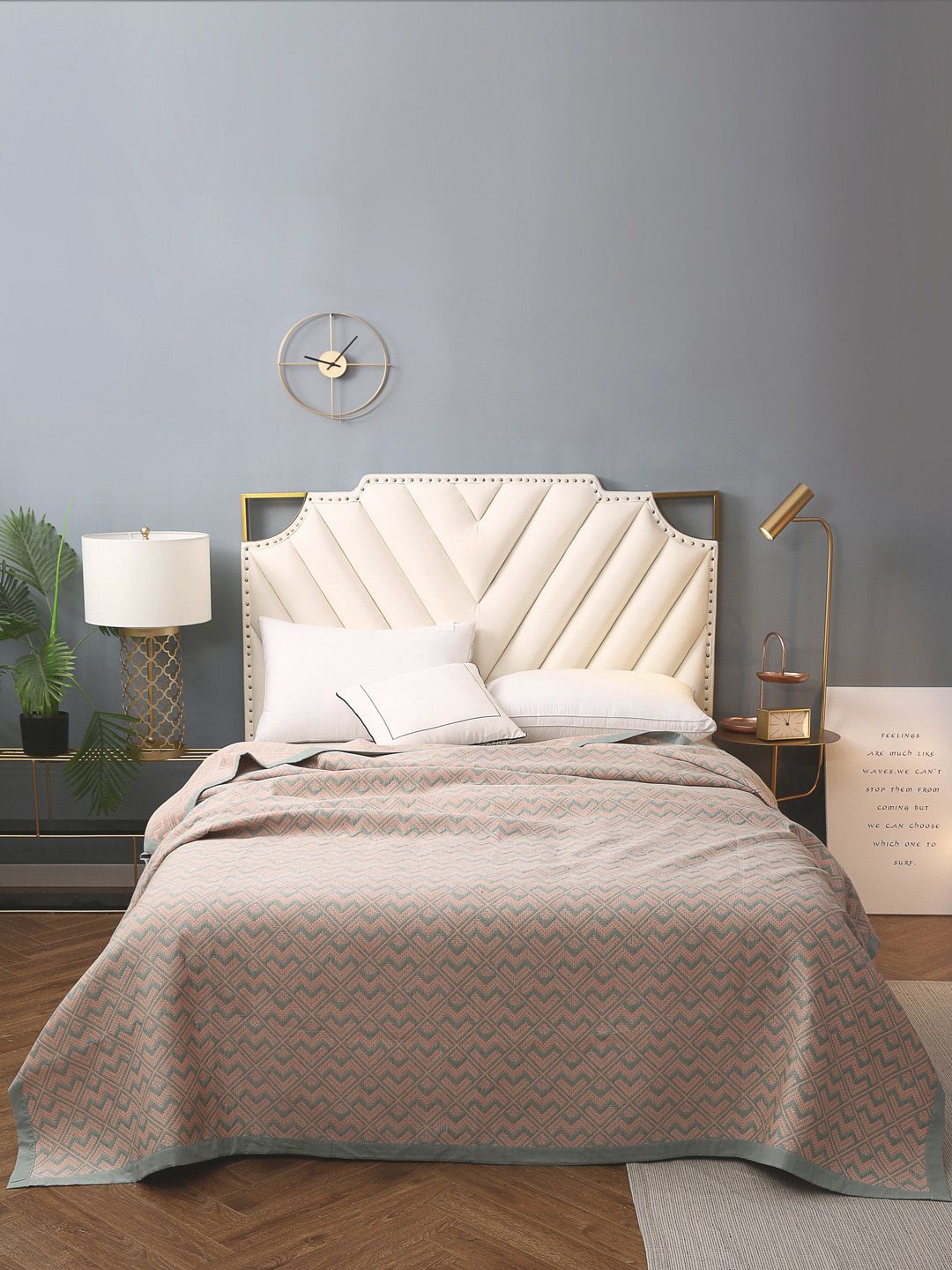 URBAN DREAM Peach-Coloured & Grey Woven-Design Cotton Double Queen Bed Cover Price in India