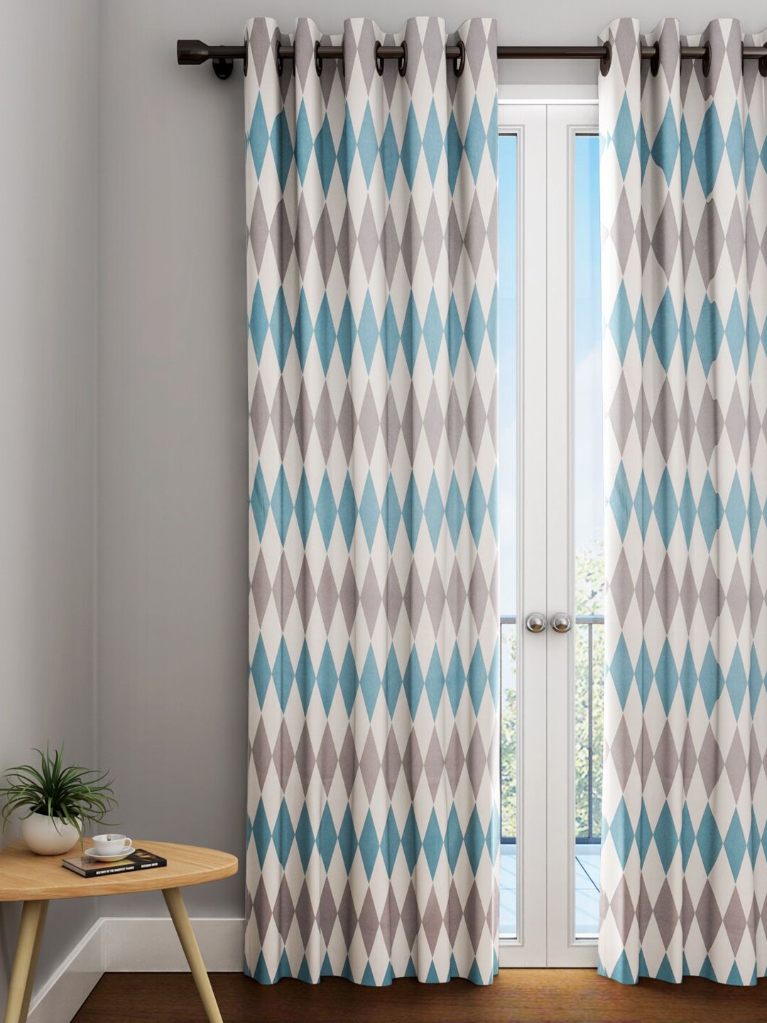 URBAN DREAM Grey & Turquoise Blue Geometric Cotton Long Door Curtain Price in India