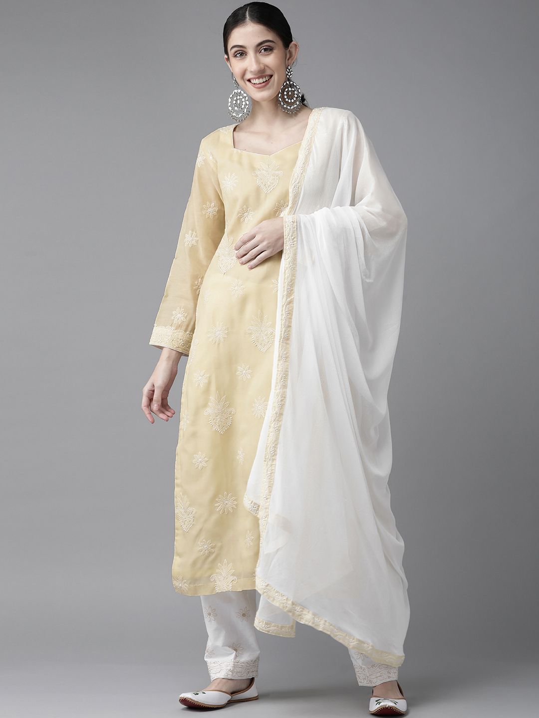 ADA Women Beige & White Chikankari Hand Embroidered Unstitched Dress Material Price in India