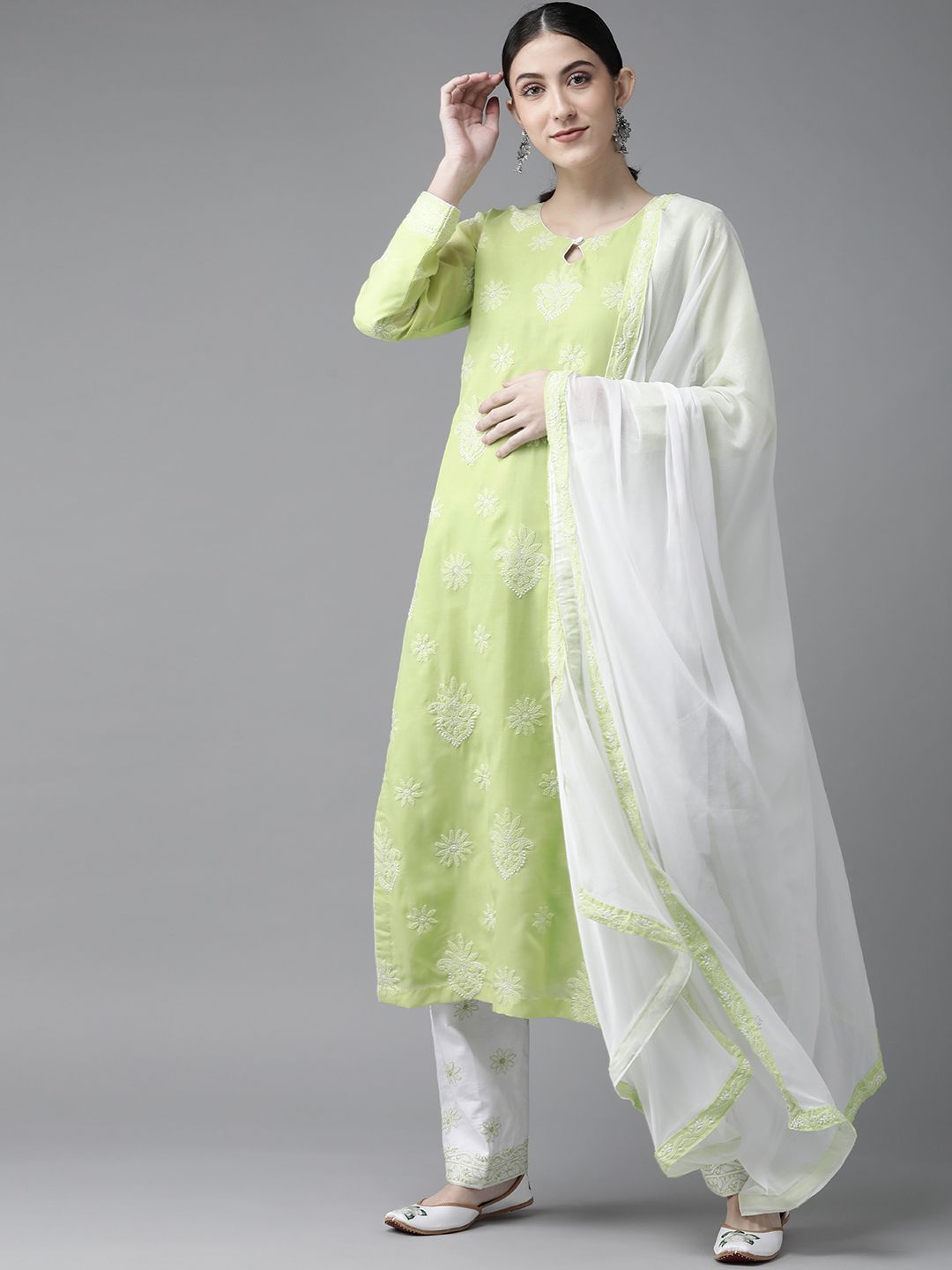 ADA Women Green & White Chikankari Embroidered Unstitched Dress Material Price in India
