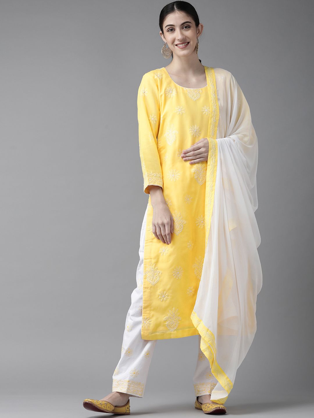ADA Yellow & White Chikankari Hand Embroidered Unstitched Dress Material Price in India