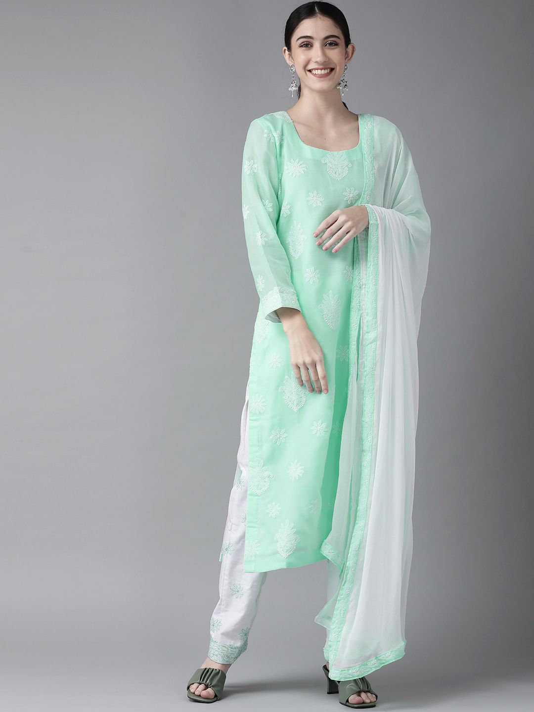 ADA Sea Green & White Chikankari Hand Embroidered Unstitched Dress Material Price in India