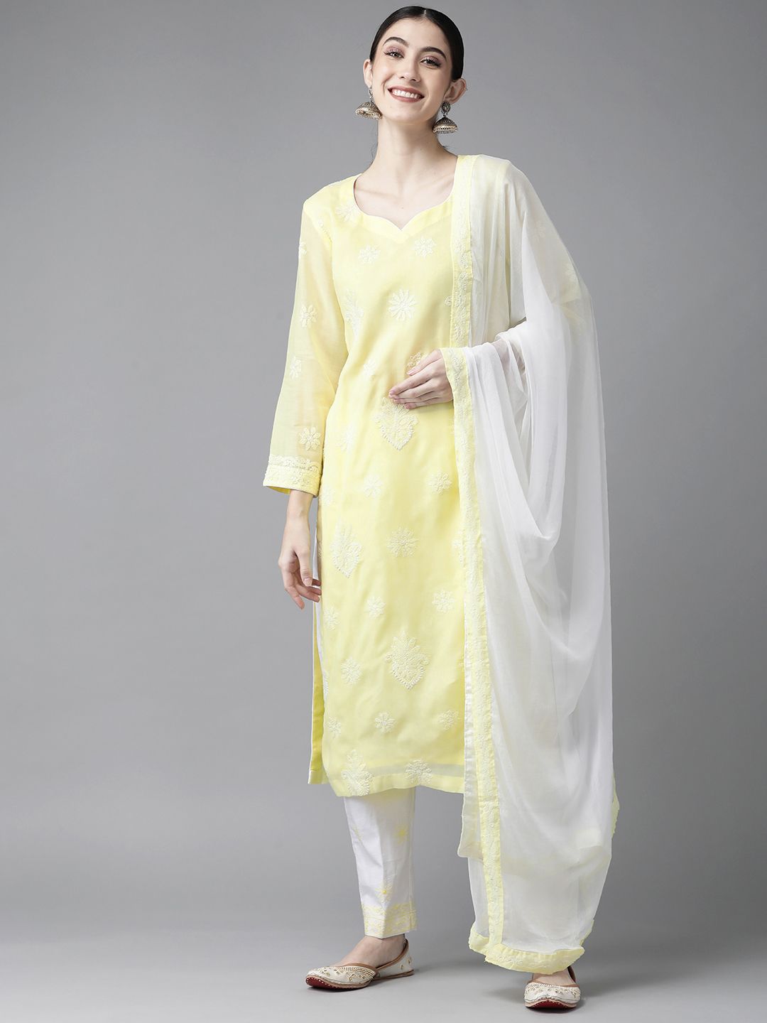 ADA Yellow & White Embroidered Unstitched Dress Material Price in India