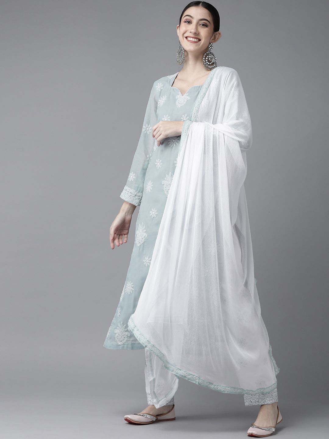ADA Women Grey & White Chikankari Embroidered Unstitched Dress Material Price in India