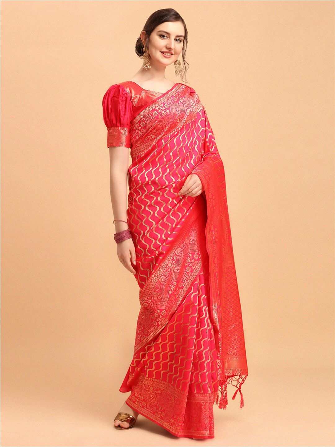 Mitera Pink & Gold-Toned Silk Blend Fusion Leheriya Saree Price in India