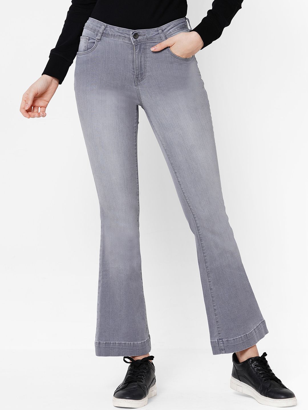 Kraus Jeans Women Grey Flared High-Rise Heavy Fade Jeans Price in India