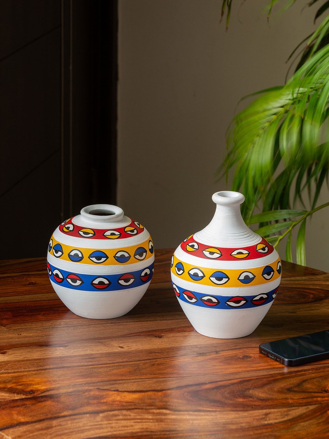 ExclusiveLane Set Of 2 White & Red Hand-Painted Matki Shaped Terracotta Vases Price in India