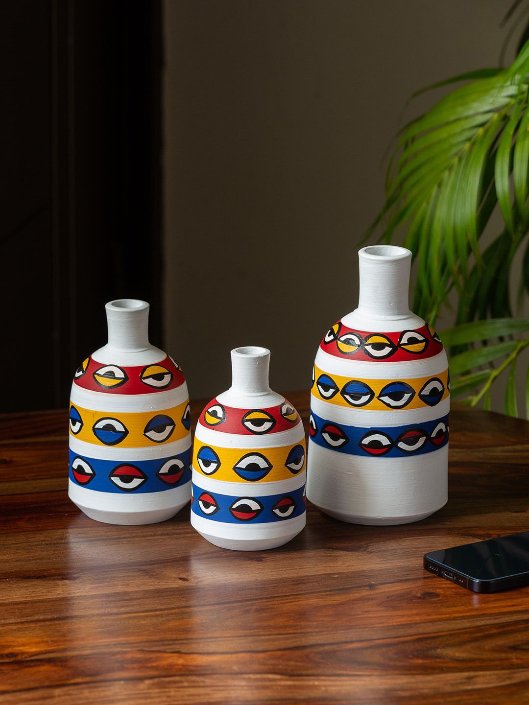ExclusiveLane Set Of 3 White & Red Hand-painted Bottled Shaped Terracotta Vases Price in India