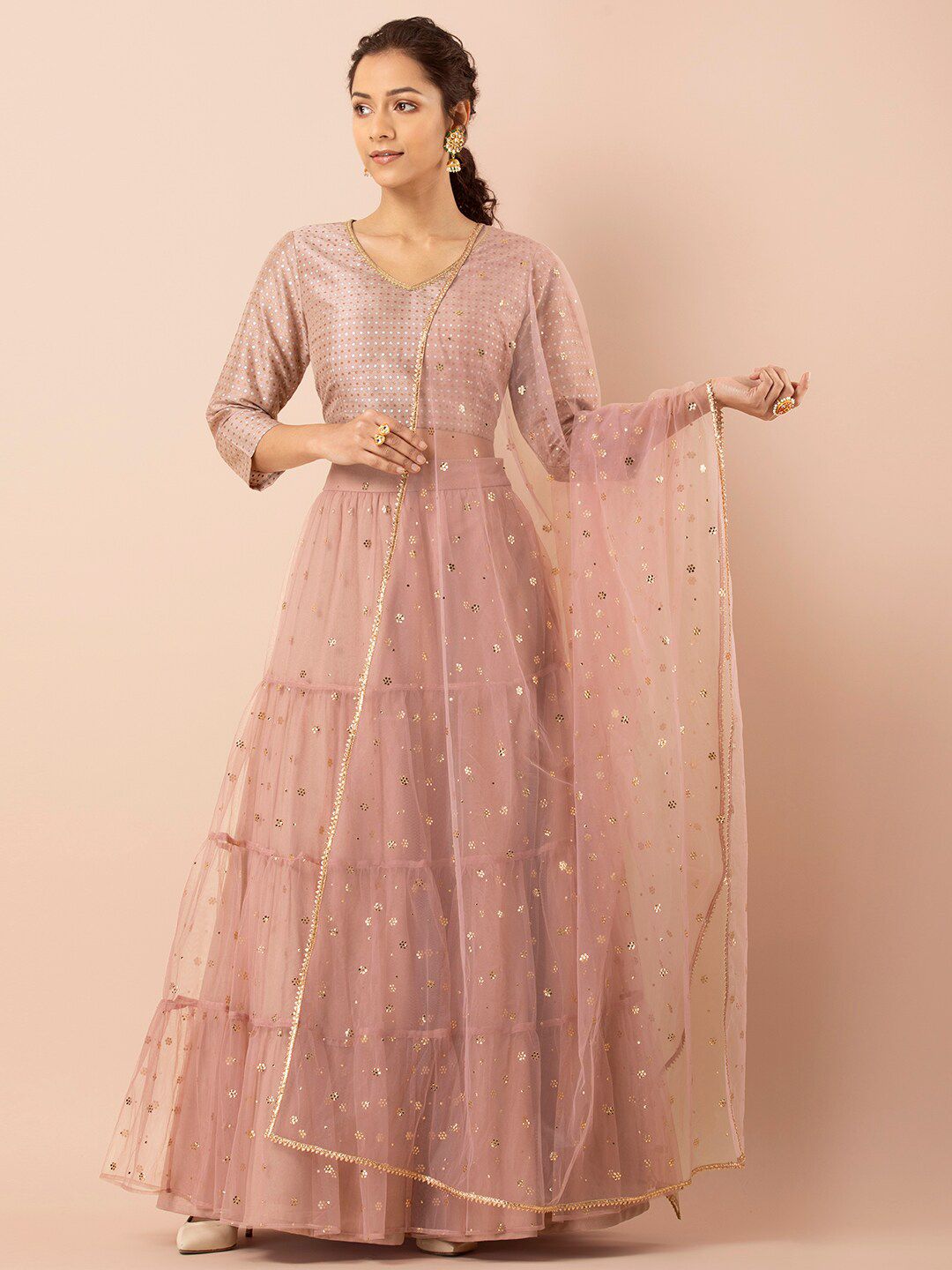INDYA X PAYAL SINGHAL Women Pink & Gold-Toned Mukaish Kingari Gota Mesh Dupatta Price in India