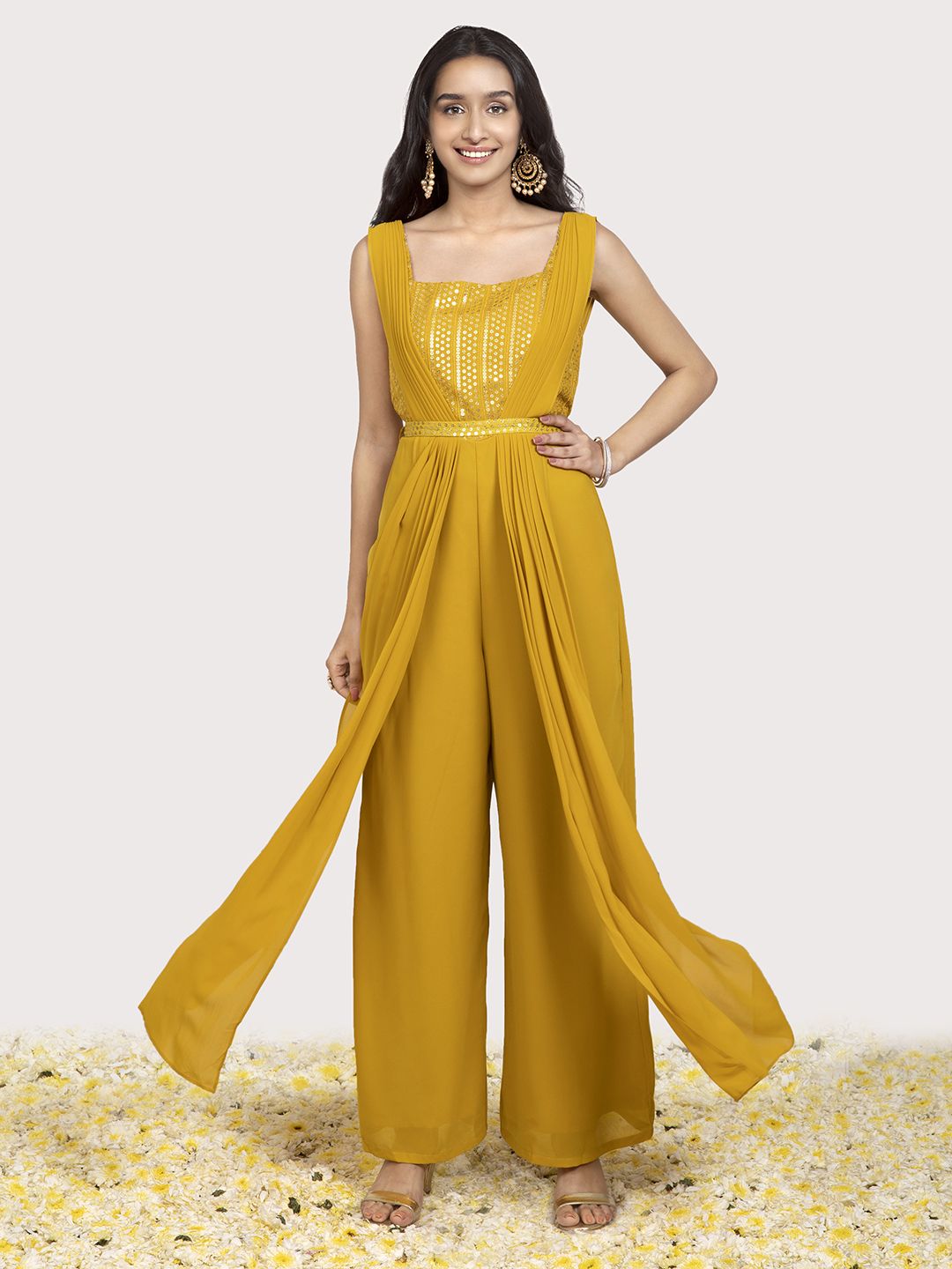 INDYA X Shraddha Kapoor Women Yellow & Silver-Toned Sequin Double Dupatta Belted Jumpsuit Price in India