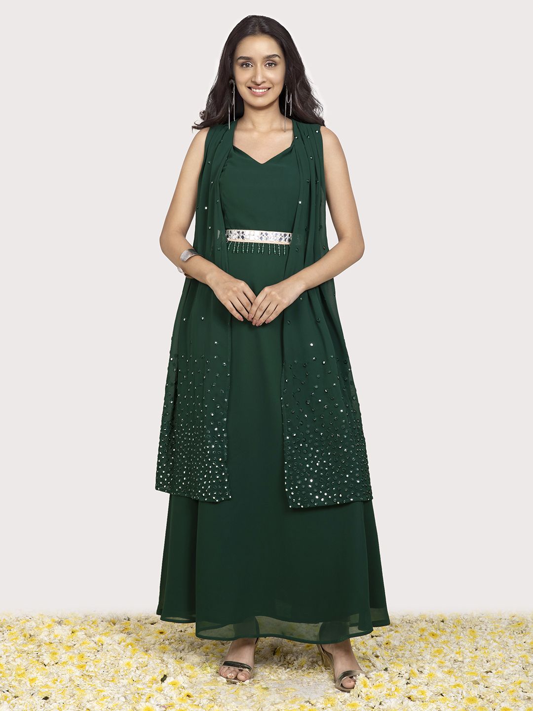 INDYA Green Embellished Georgette Maxi Dress Price in India