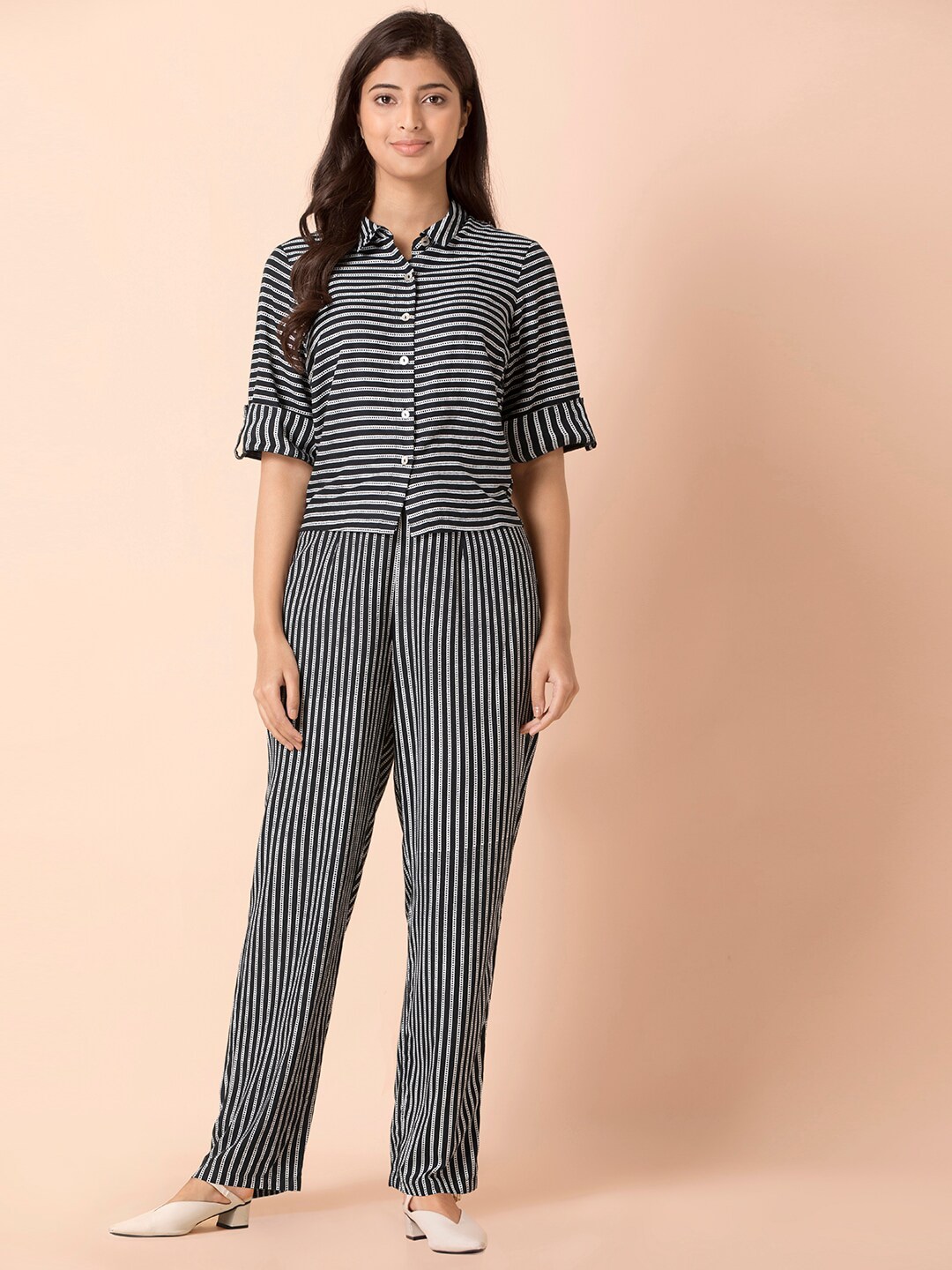 INDYA X PAYAL SINGHAL Women Blue Striped Shirt with Trousers Price in India