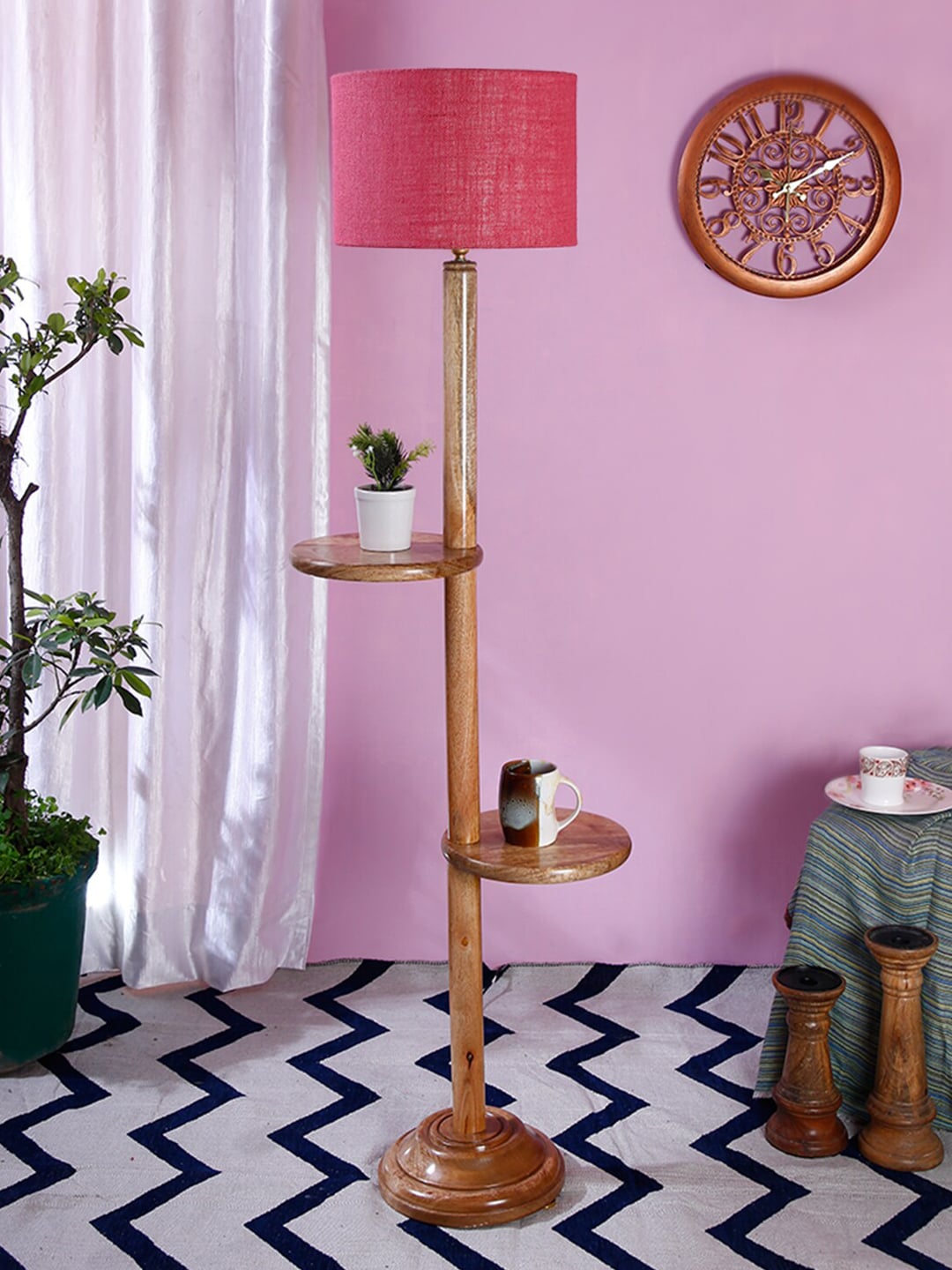 Devansh Pink Fabric Traditional Shelf Lamp with Shade Price in India