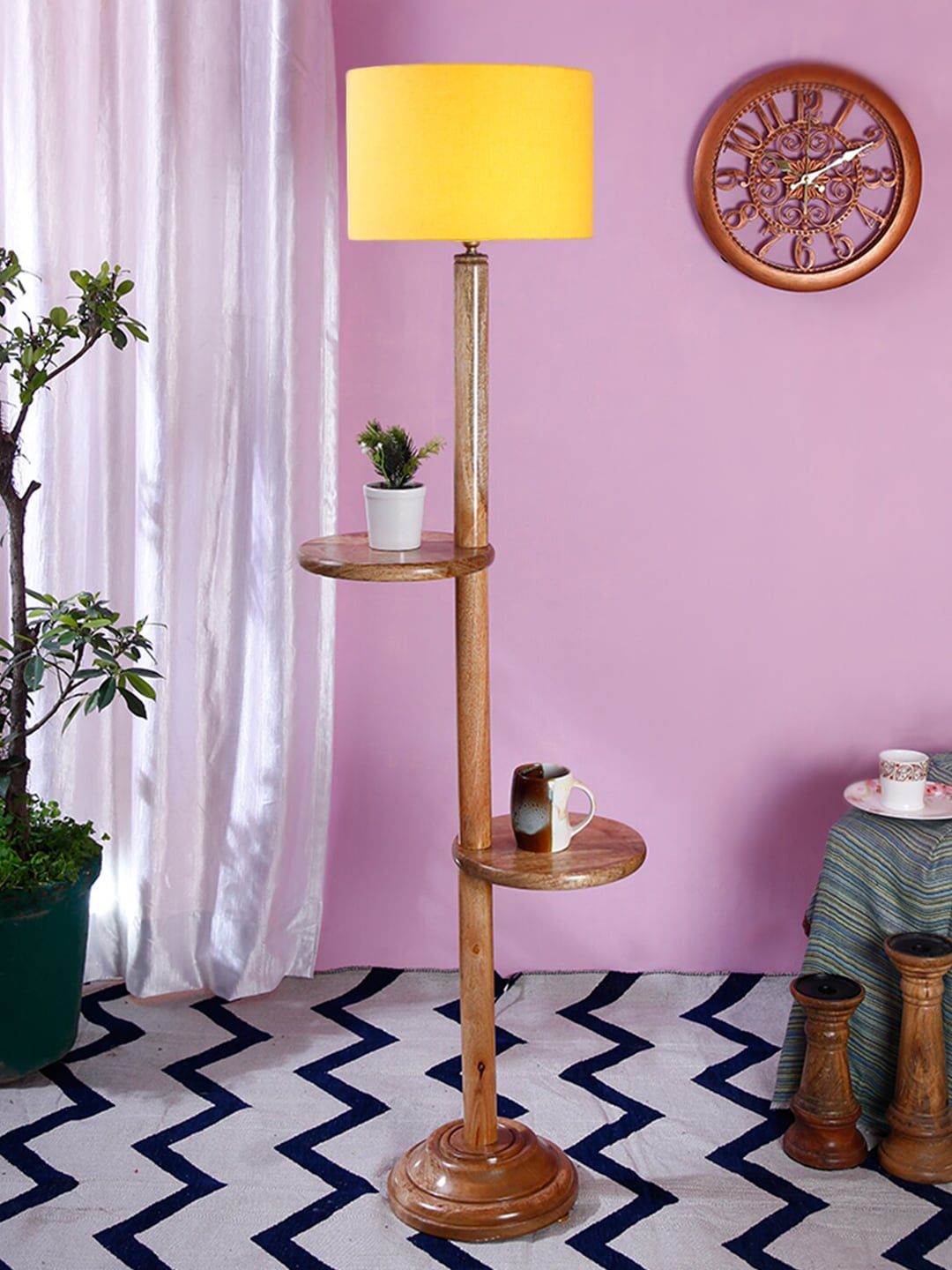 Devansh Yellow & Brown Cotton Drum Shade Wooden Shelf Lamp Price in India