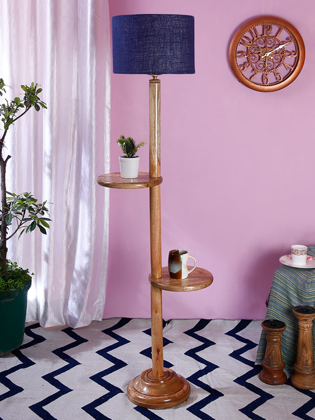 Devansh Navy Blue & Brown Wood Natural Shelf Lamp Price in India