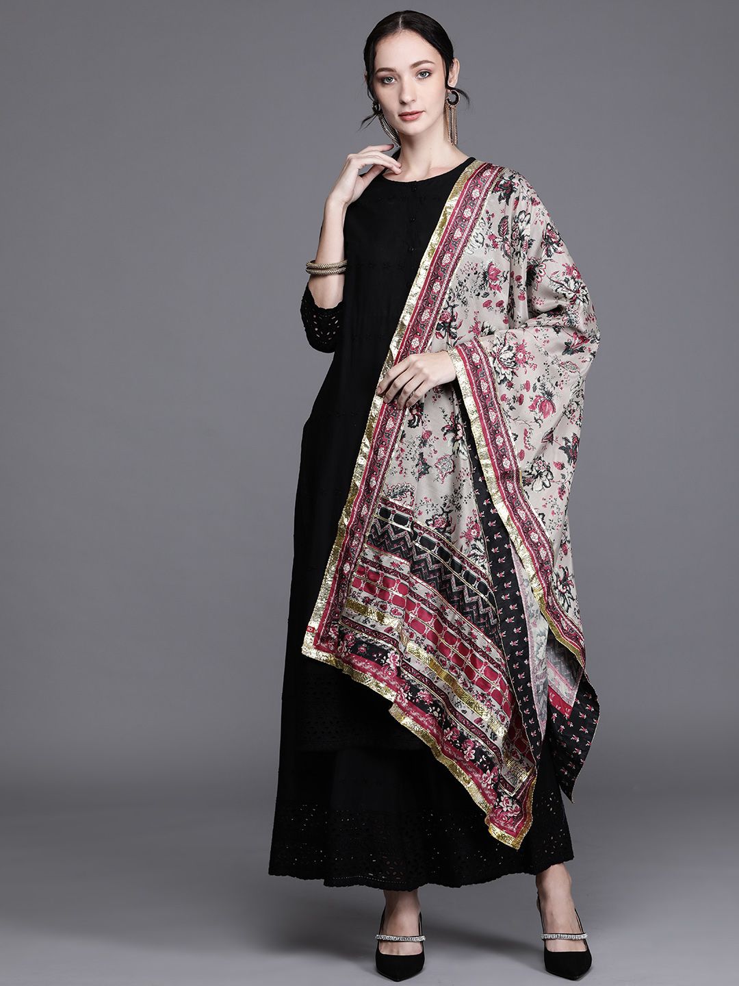 Biba Taupe & Pink Printed Dupatta with Gotta Patti Price in India