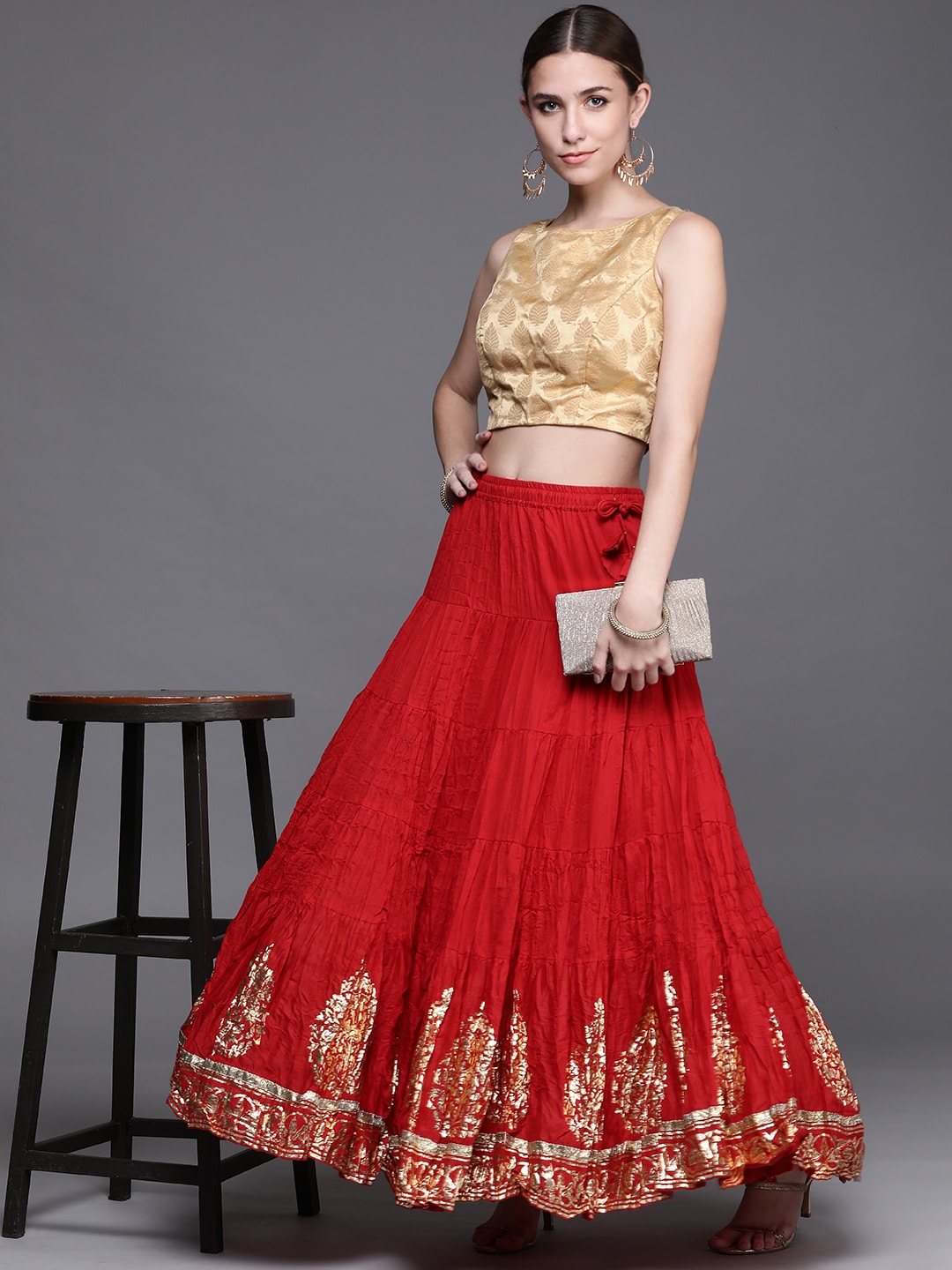 Biba Red Printed Flared Maxi Skirt Price in India