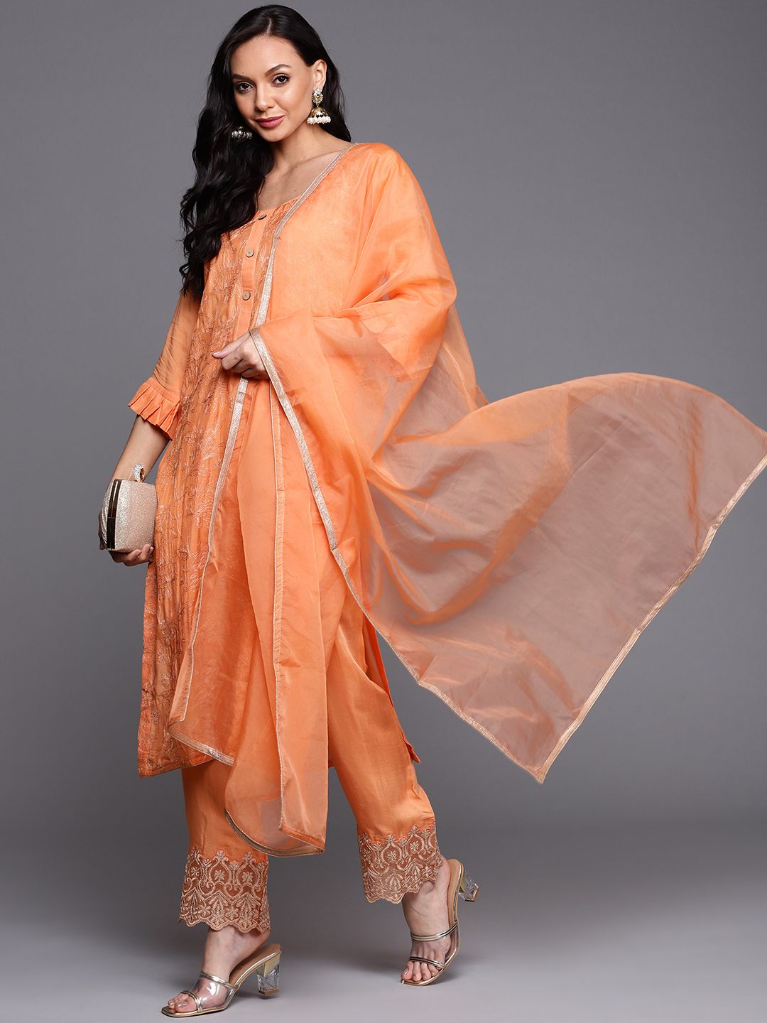 Biba Peach-Coloured Embroidered Unstitched Dress Material Price in India