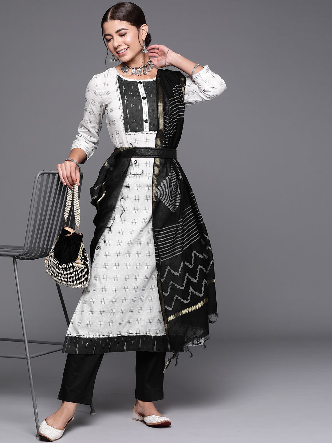 Biba Women White & Black Printed Pure Cotton Unstitched Dress Material Price in India