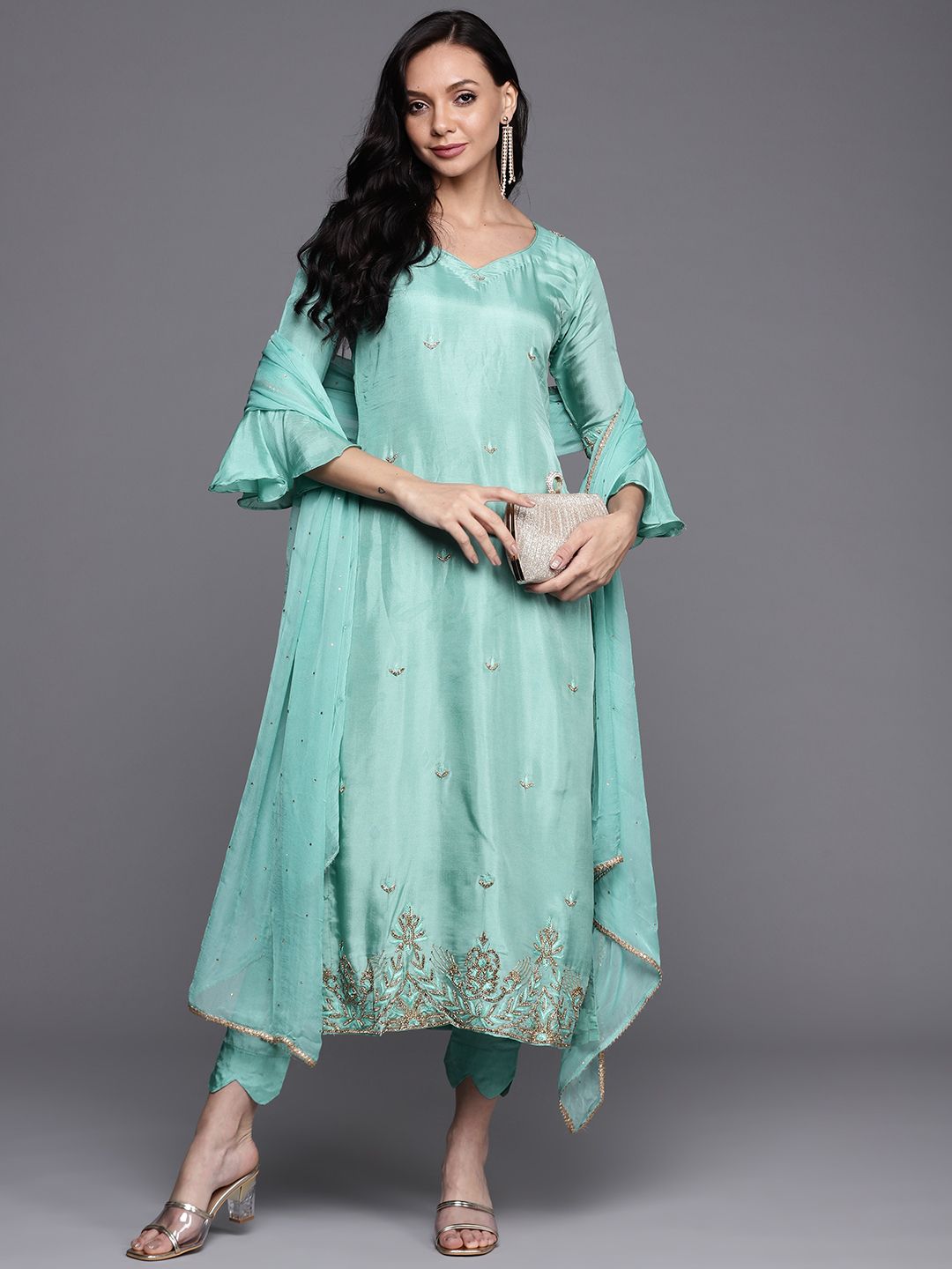 Biba Turquoise Blue Embellished Raw Silk Unstitched Dress Material Price in India