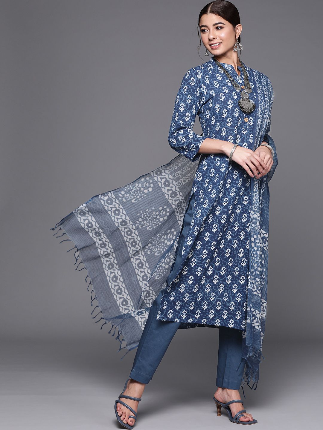 Biba Women Navy Blue & White Printed Pure Cotton Unstitched Dress Material Price in India