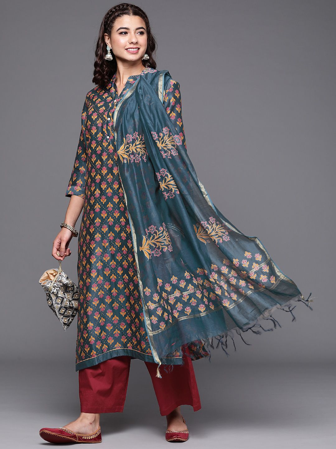 Biba Teal Blue & Maroon Printed Unstitched Dress Material Price in India