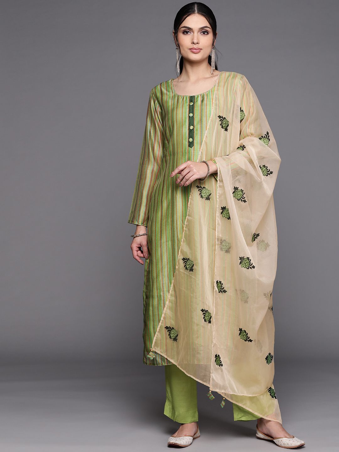 Biba Green Printed Unstitched Dress Material Price in India