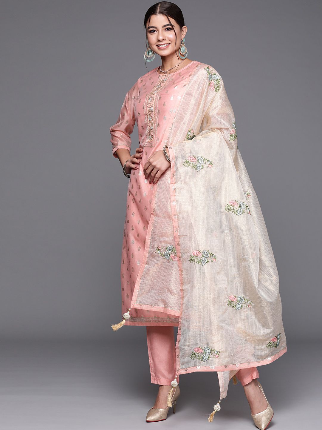 Biba Women Pink & Off White Printed Unstitched Dress Material