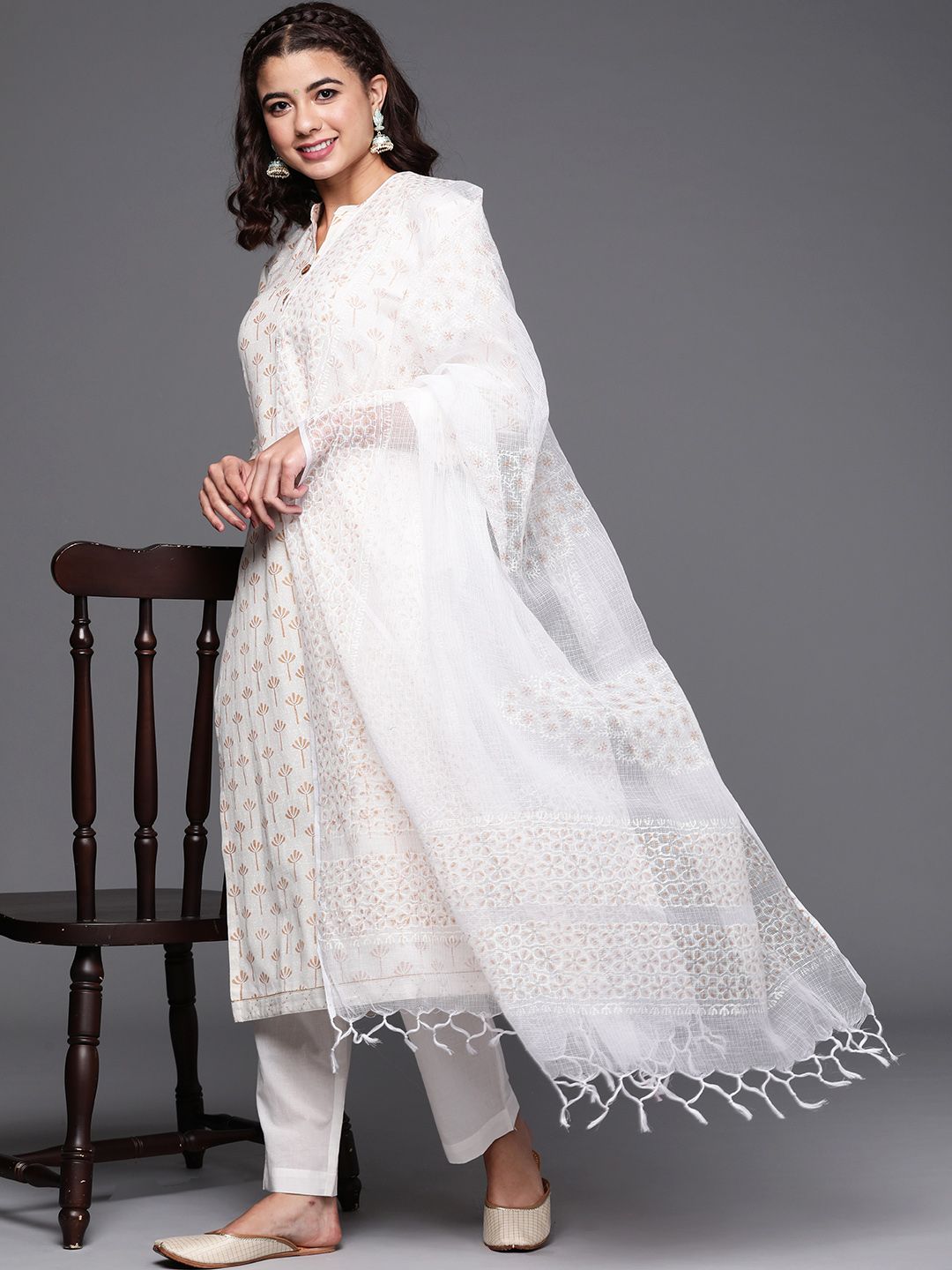 Biba White & Golden Printed Pure Cotton Unstitched Dress Material Price in India