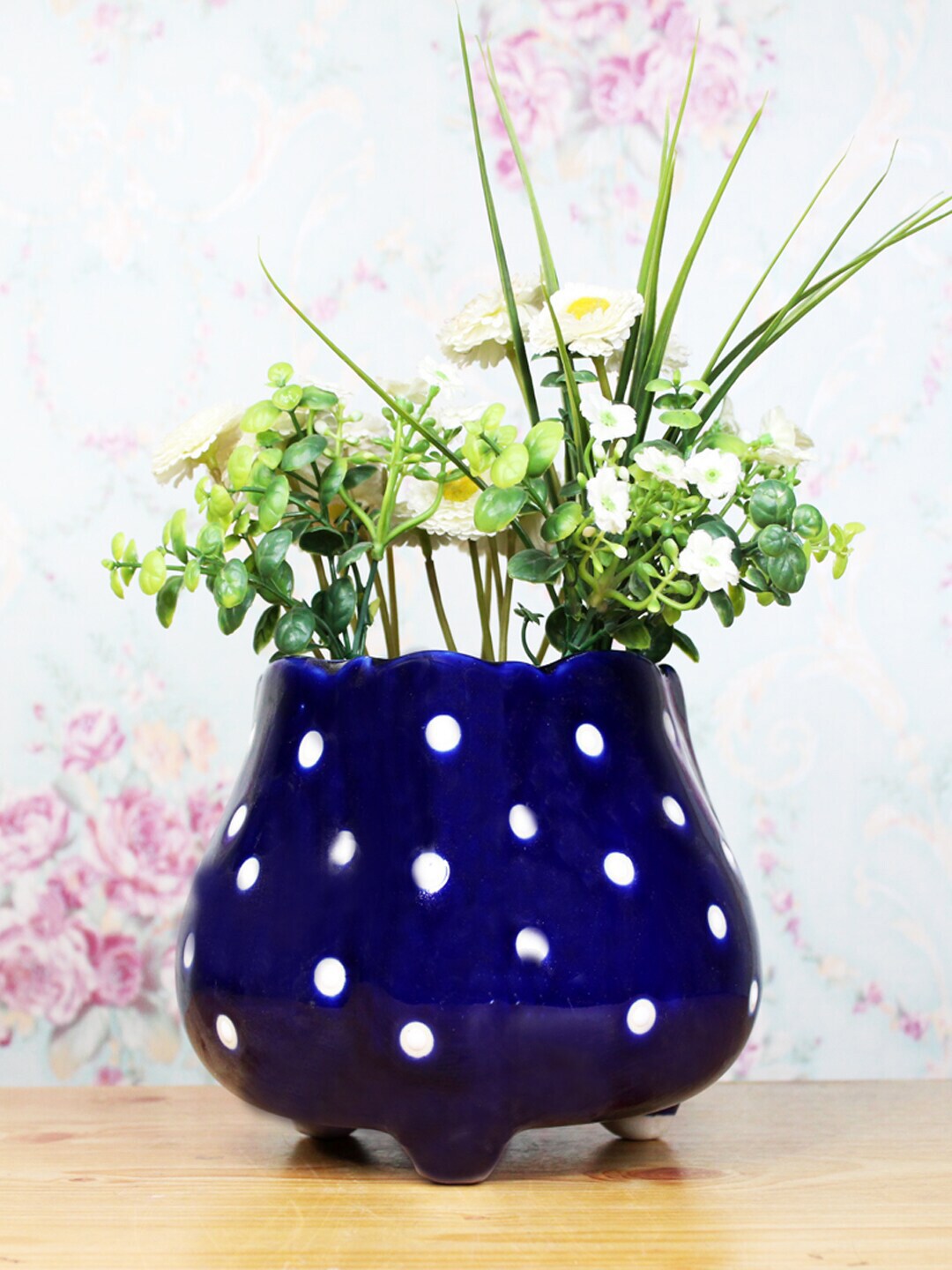 Wonderland Blue & White Polka Dot Printed Ceramic Flower Shape Pot Price in India
