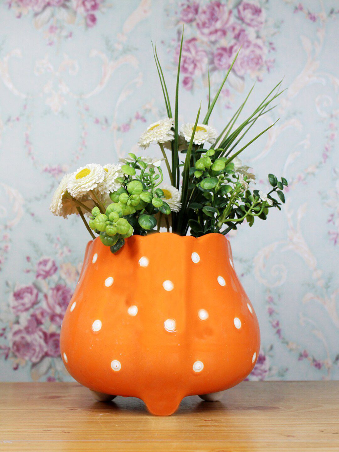 Wonderland Orange & White Polka Dot Printed Flower Shape Pot Price in India