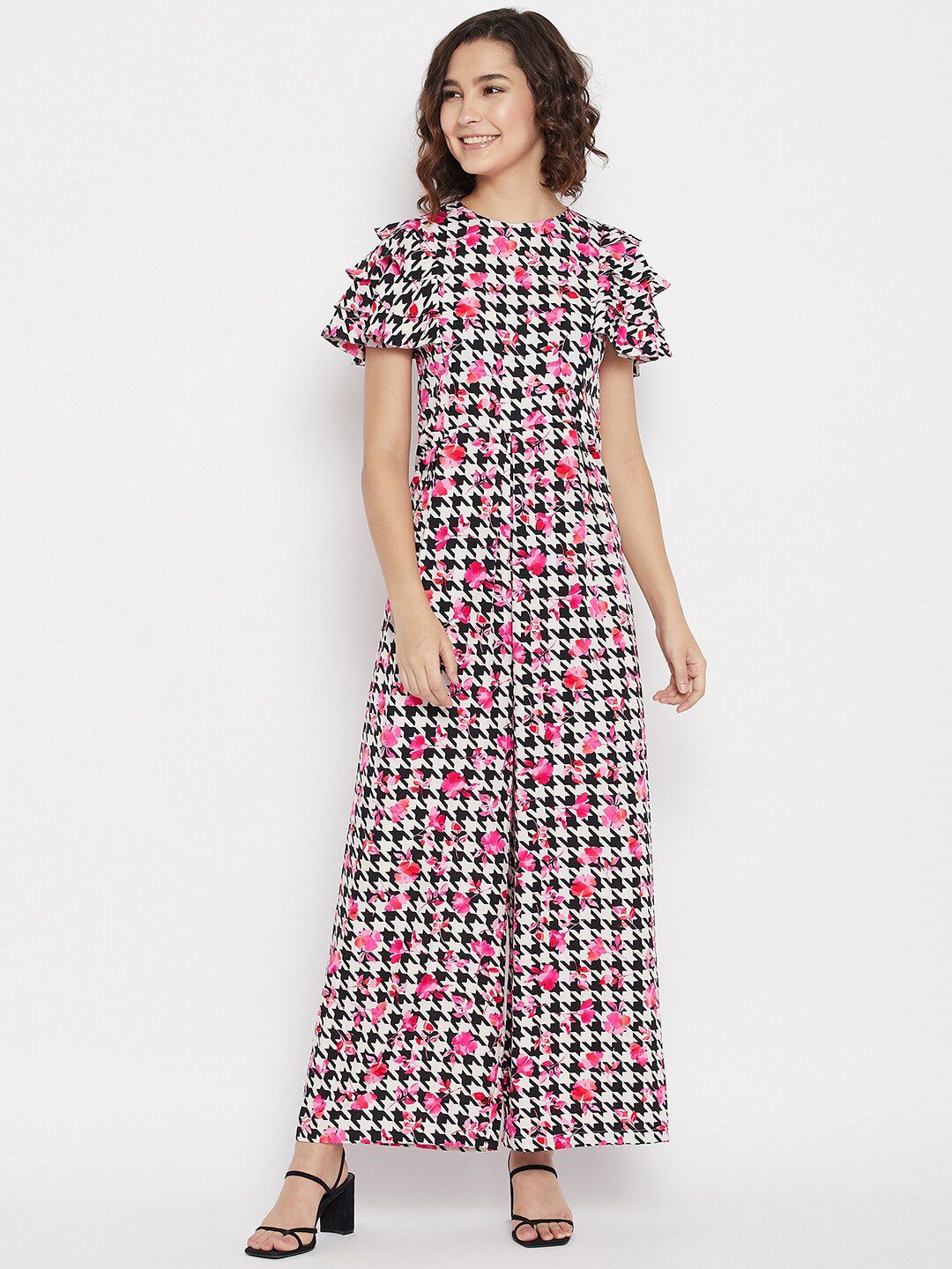 Uptownie Lite Women Pink & Black Printed Round Neck Basic Jumpsuit with Ruffles Price in India