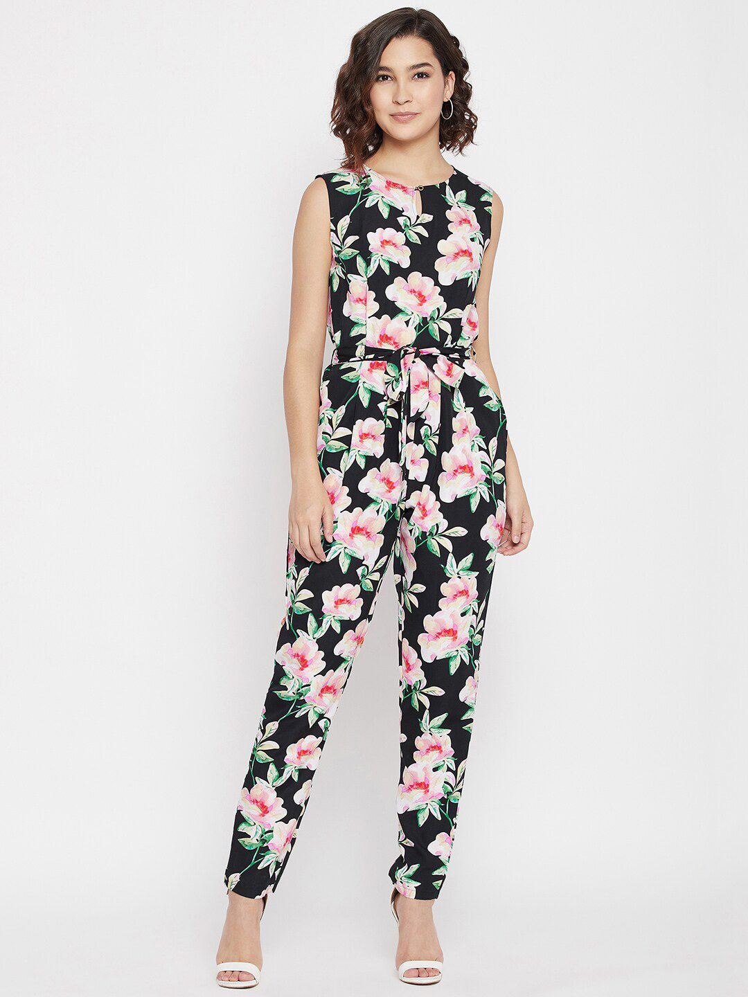 Uptownie Lite Black & Pink Floral Printed Basic Jumpsuit Price in India