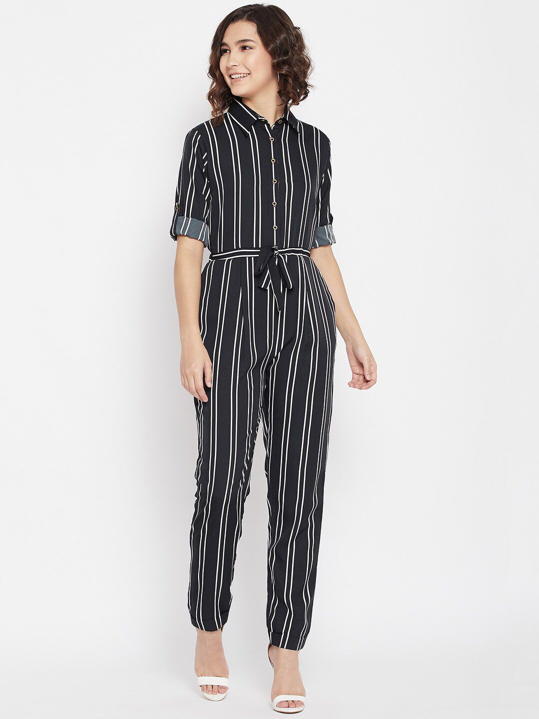 Uptownie Lite Women Black & White Striped Basic Jumpsuit Price in India