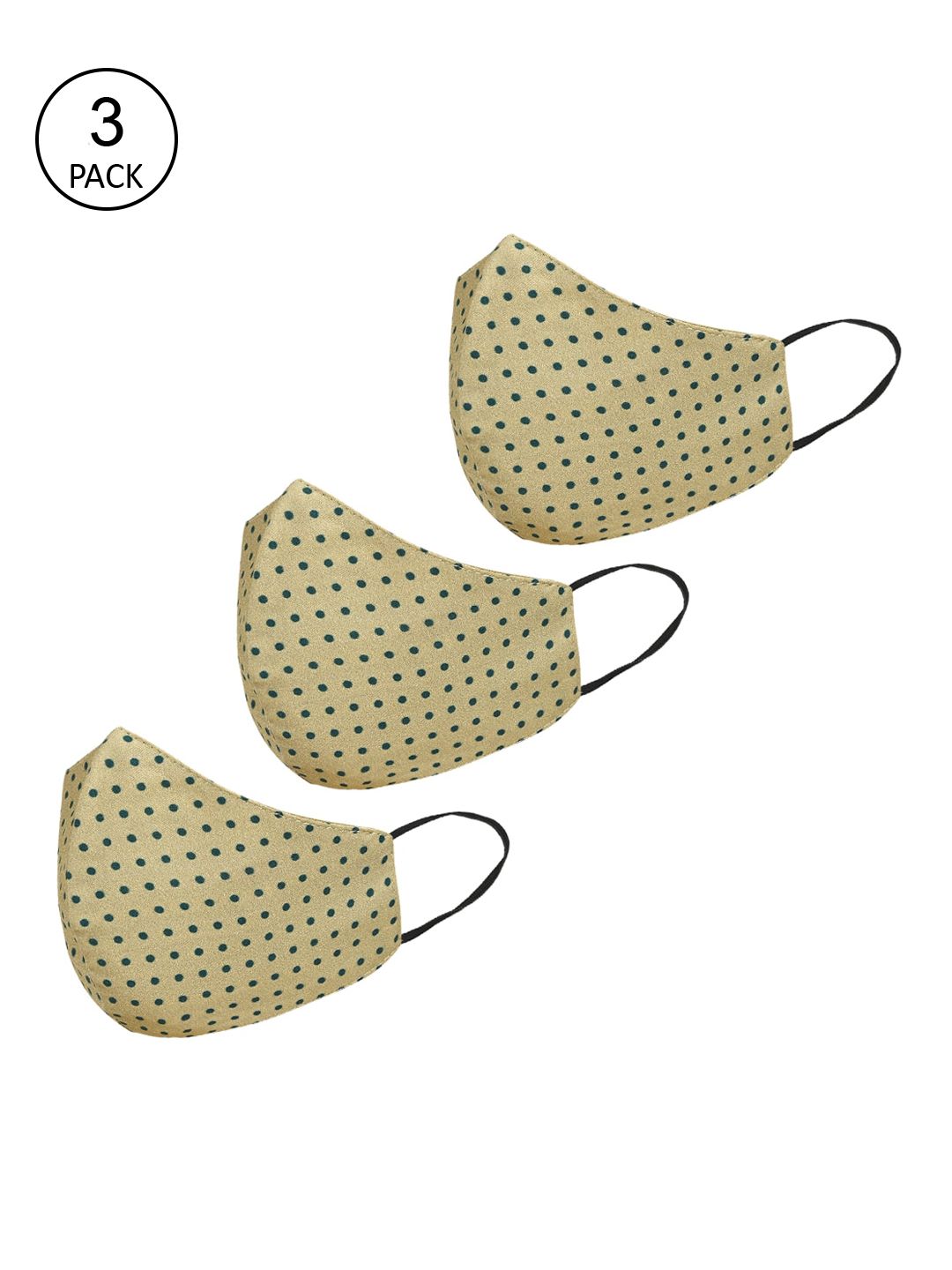 Tossido Women Pack Of 3 Beige & Green Polka Dot Printed 3-Ply Pure Cotton Reusable Cloth Masks Price in India