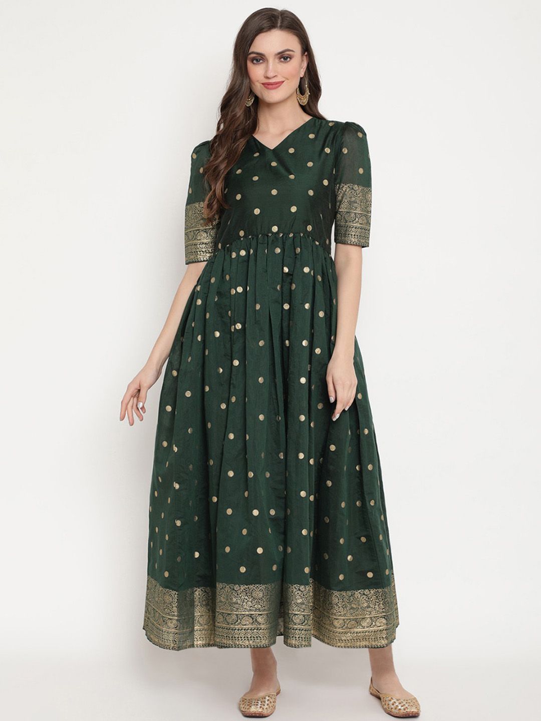 Ahalyaa Women Green Polka Dot Printed Chanderi Silk A-Line Kurta Price in India