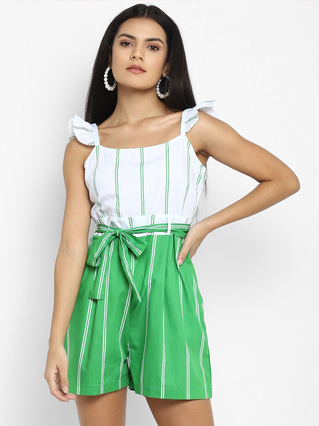 FOSH Green & White printed Playsuit Price in India
