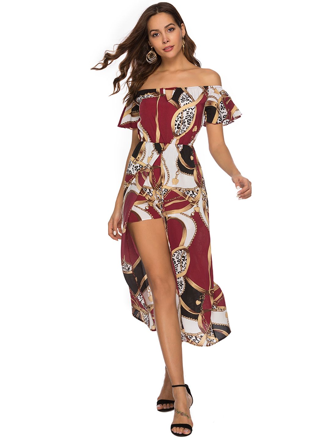 URBANIC Maroon & White Off-Shoulder Printed With Layered Detail Jumpsuit Price in India