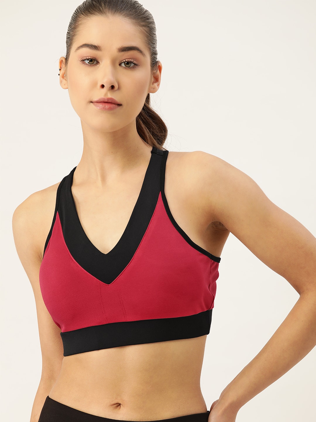 DressBerry Red & Black Colorblocked Removable Padded Workout Bra Price in India