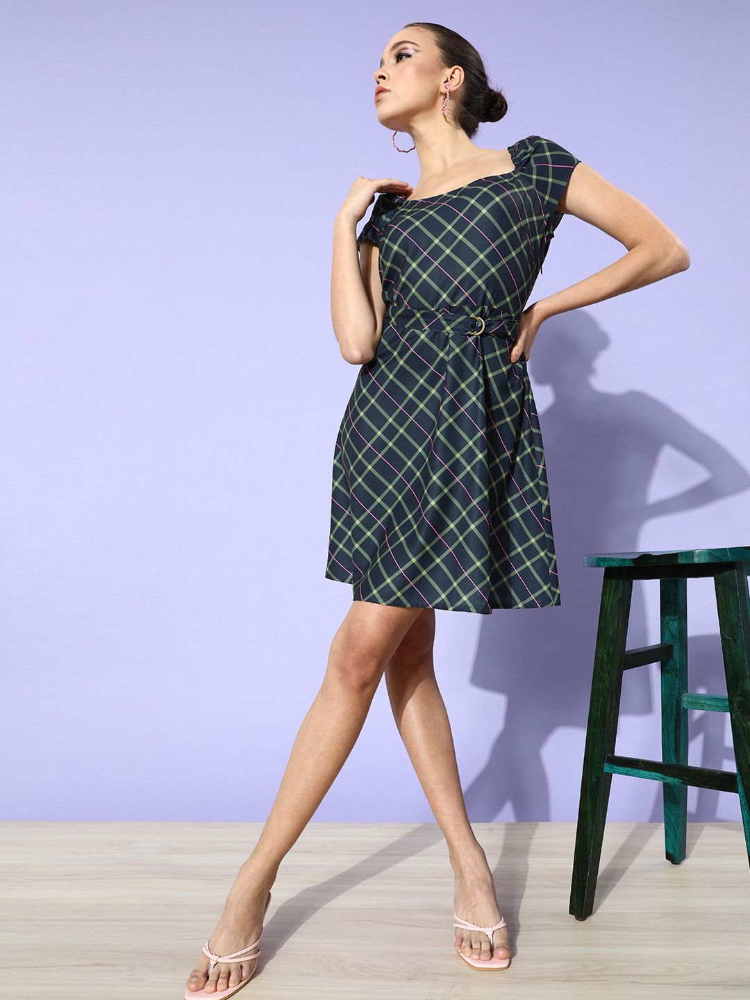 DressBerry Women Green & Pink Checked A-Line Dress Price in India