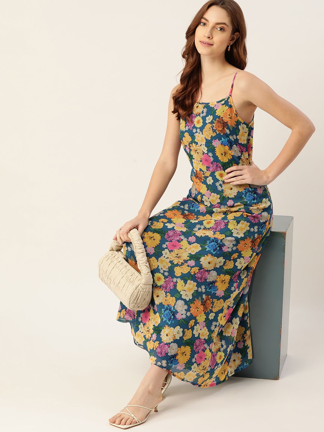 DressBerry Blue & Yellow Floral Maxi Dress Price in India