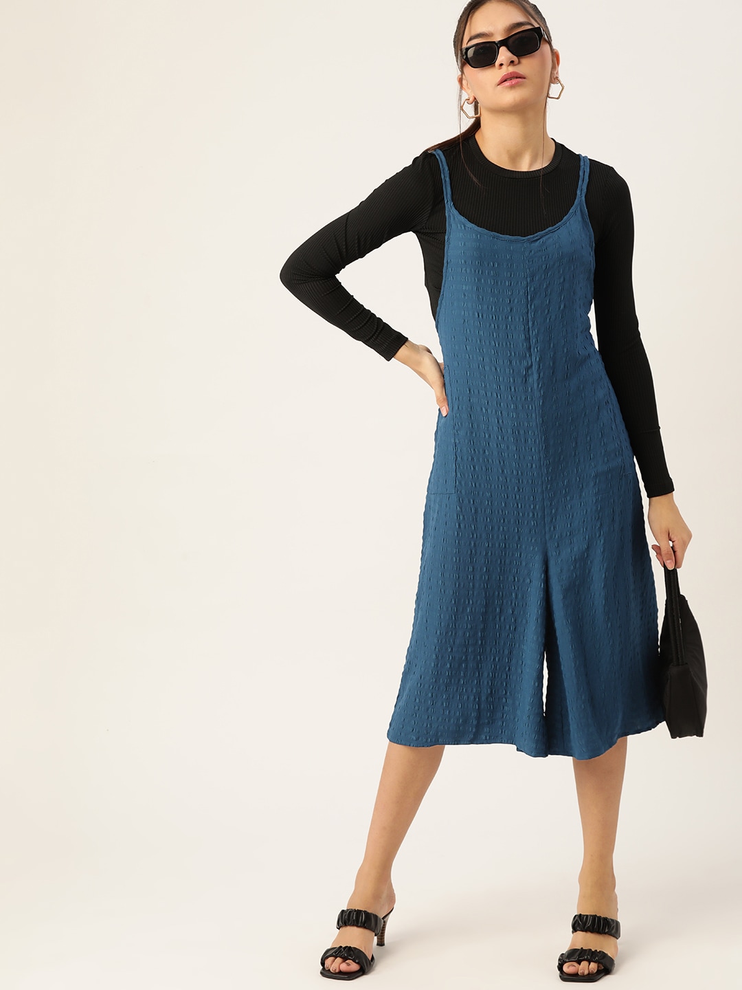 DressBerry Teal Blue Seersucker Culotte Jumpsuit Price in India