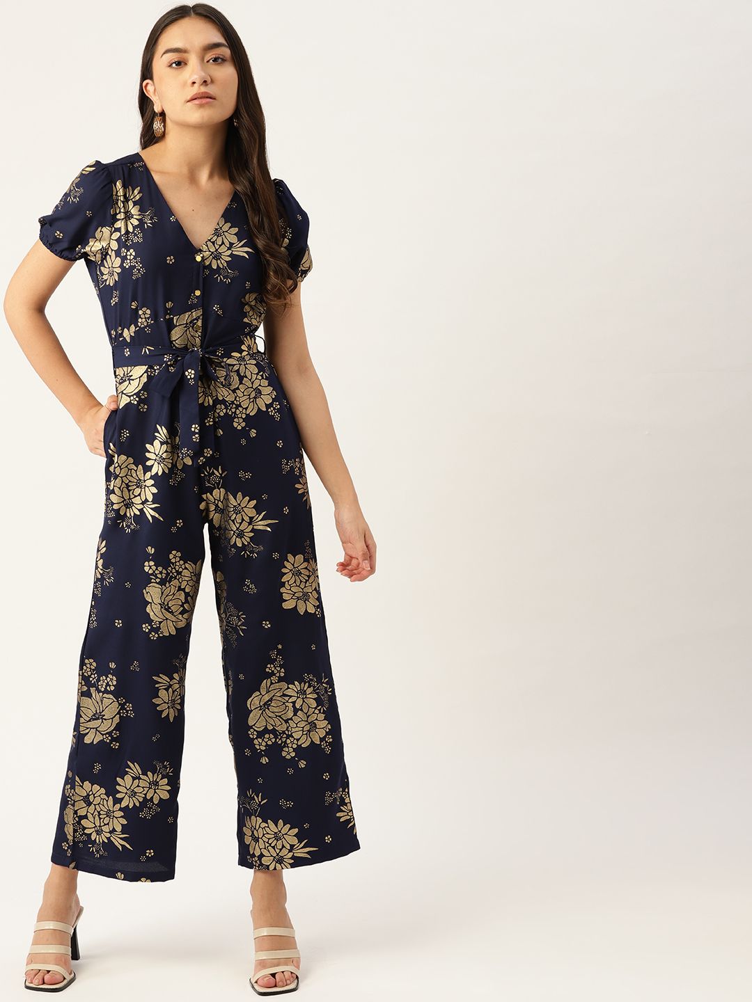 DressBerry Women Navy Blue & Golden Floral Print Basic Jumpsuit Price in India