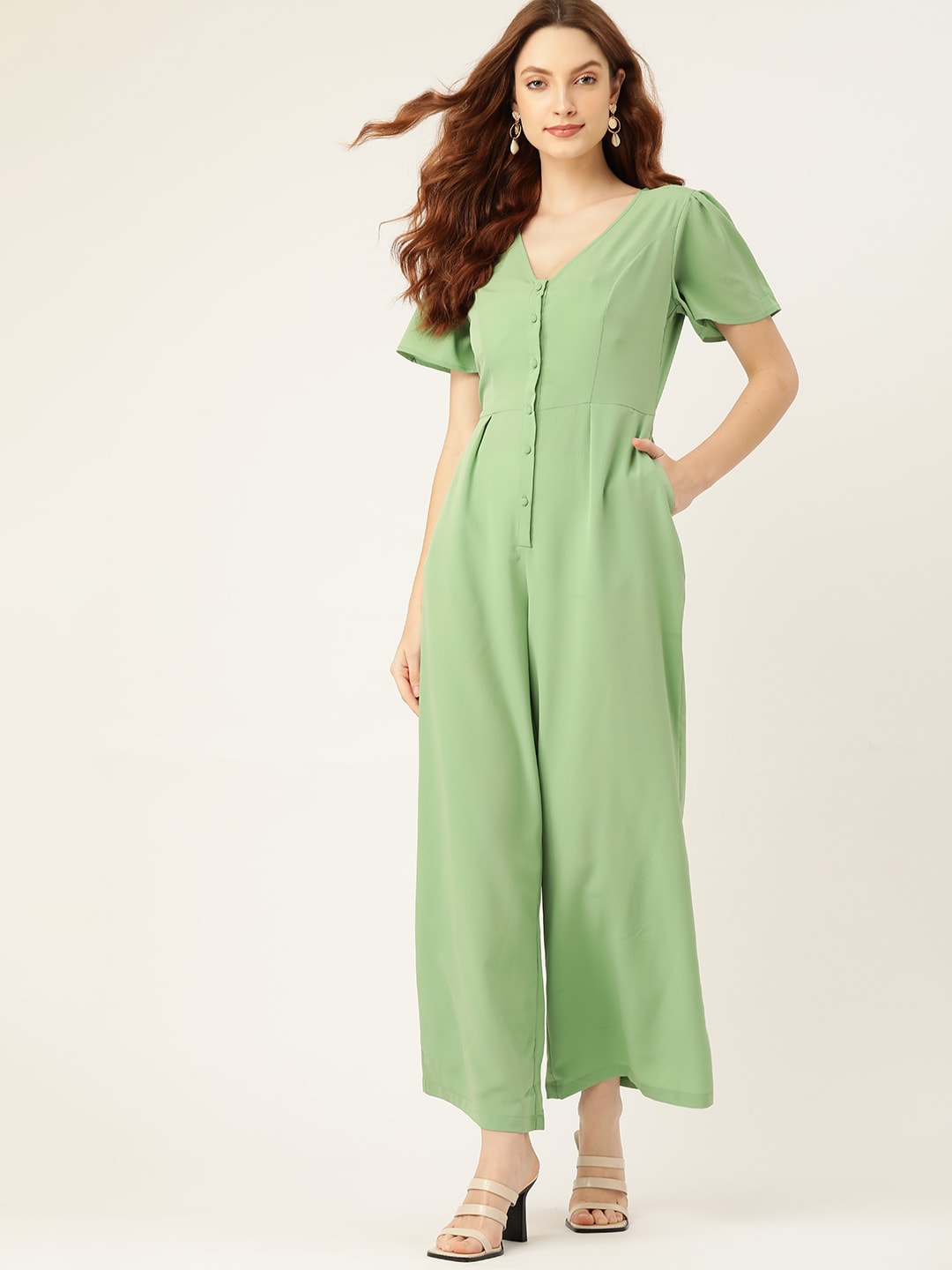 DressBerry Green Solid Basic Jumpsuit Price in India