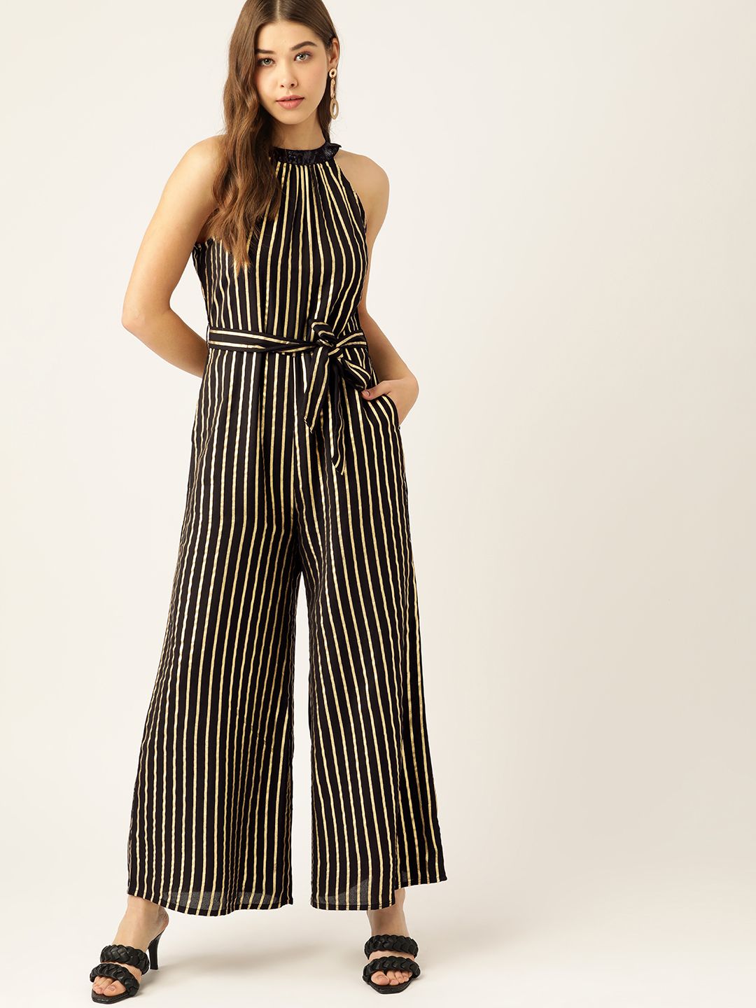 DressBerry Black & Golden Striped Embellished Detail Jumpsuit Comes With A Belt Price in India