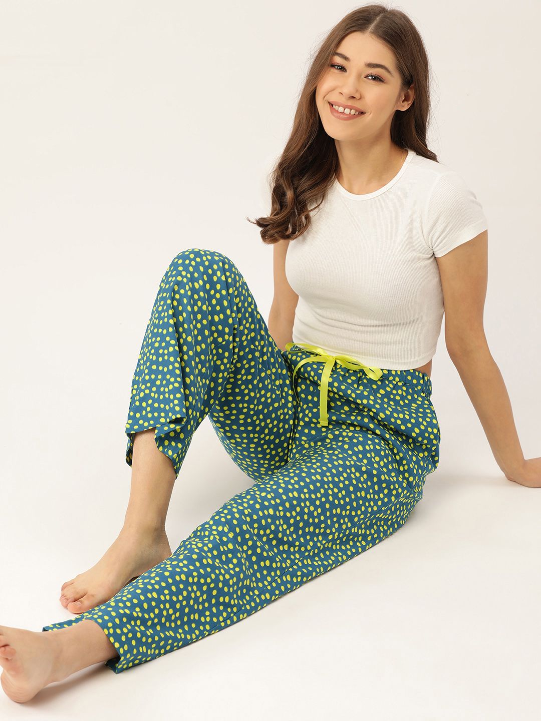 DressBerry Women Teal & Yellow Polka Dot Printed Lounge Pants Price in India