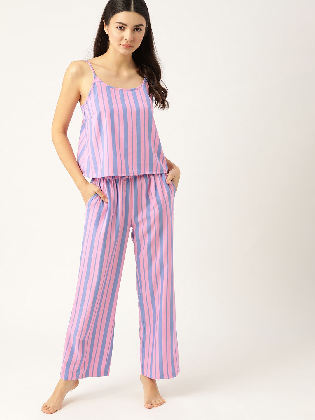 DressBerry Women Pink & Blue Striped Night suit Price in India