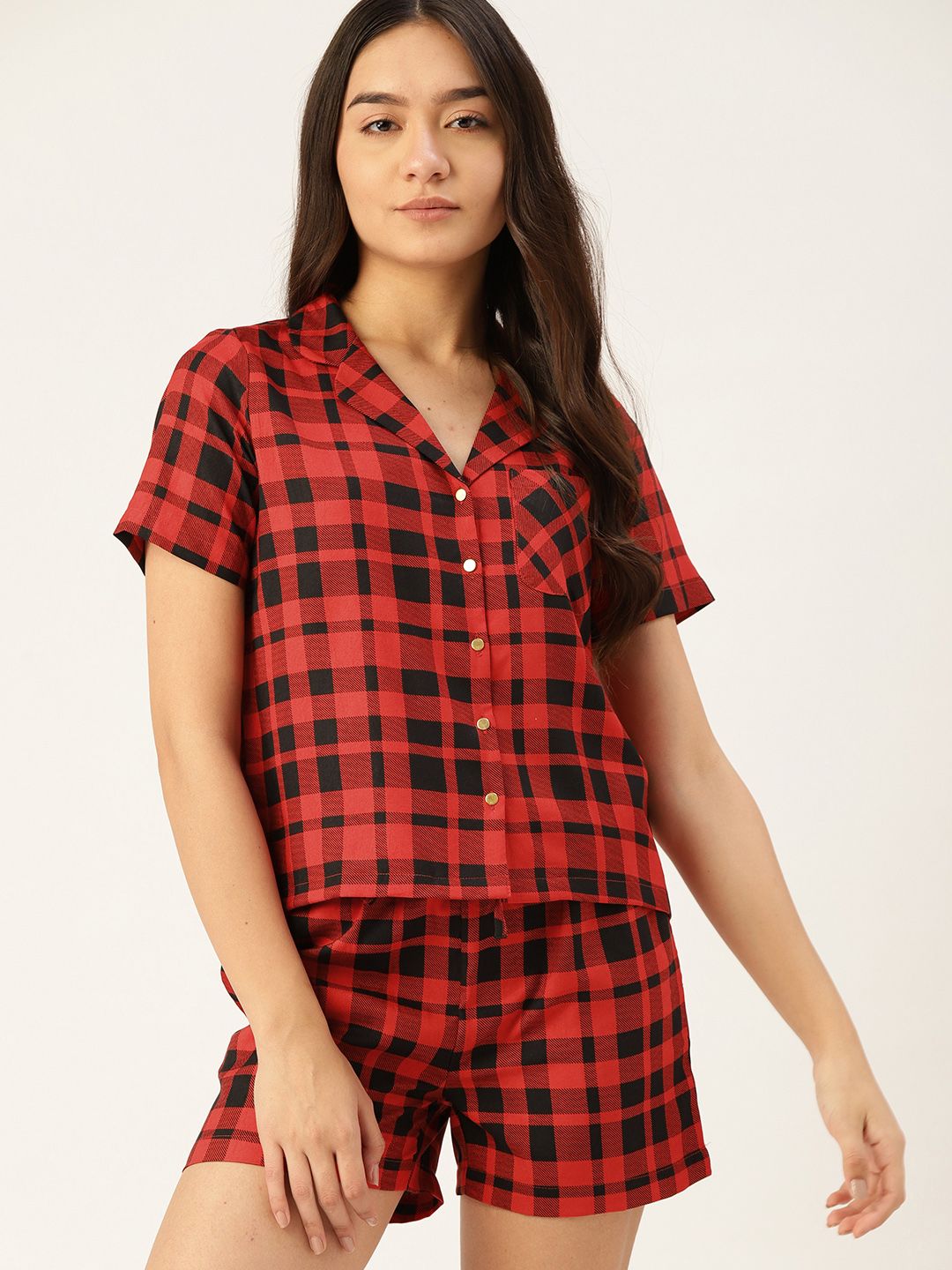 DressBerry Women Red & Black Checked Shorts Set Price in India
