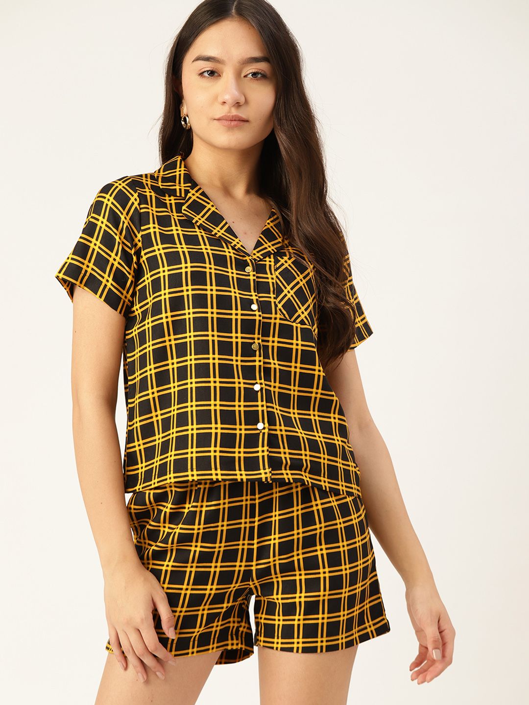 DressBerry Women Black & Yellow Checked Shorts Set Price in India